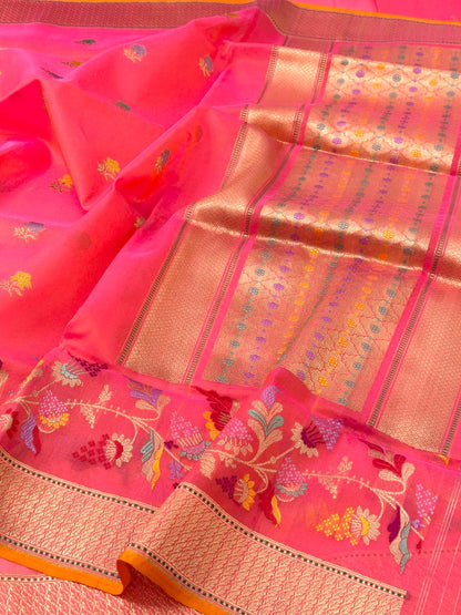 Shocking Pink Pure Organza Handwoven Banarasi Saree