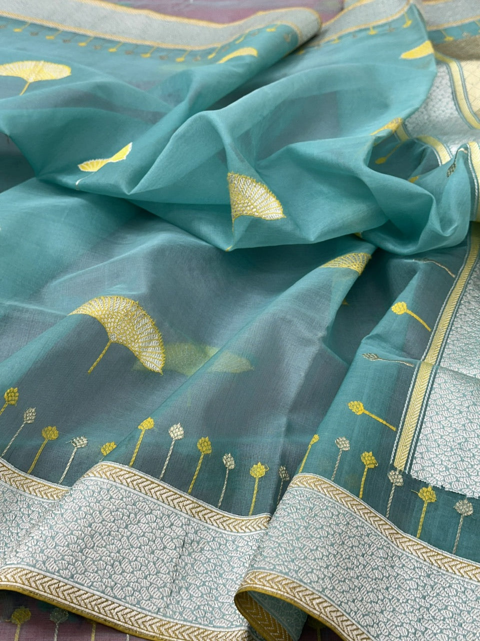 Aqua Teal Pure Handwoven Banarasi Organza Silk Saree
