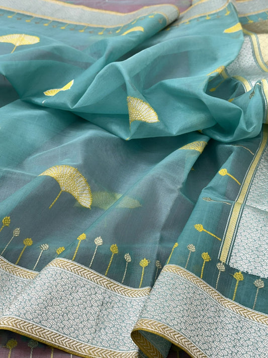 Aqua Teal Pure Handwoven Banarasi Organza Silk Saree
