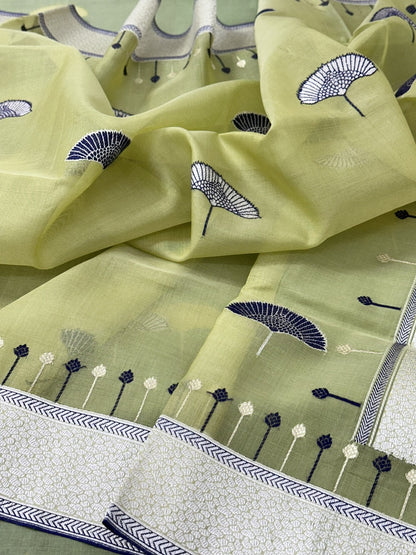 Lime Green Pure Handwoven Banarasi Organza Silk Saree