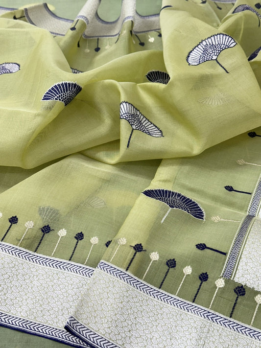 Lime Green Pure Handwoven Banarasi Organza Silk Saree