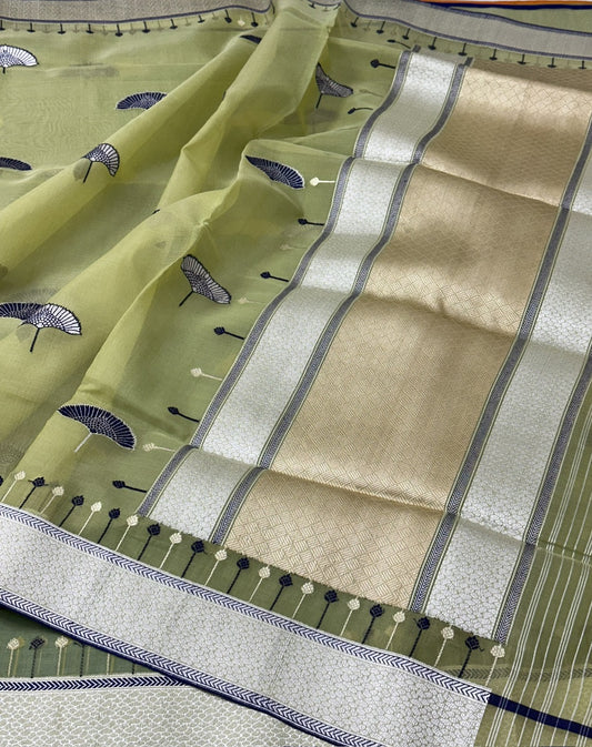 Lime Green Pure Handwoven Banarasi Organza Silk Saree