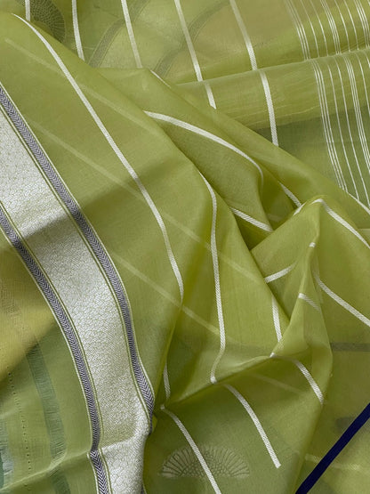Lime Green Pure Handwoven Banarasi Organza Silk Saree