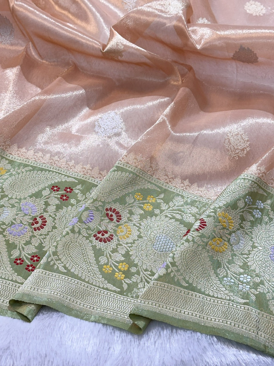 Peachish Pink Handwoven Pure Tissue Silk Banarasi saree