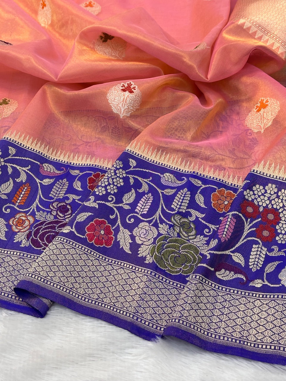 Peach Pink Pure Tissue Silk Handwoven Banarasi Saree