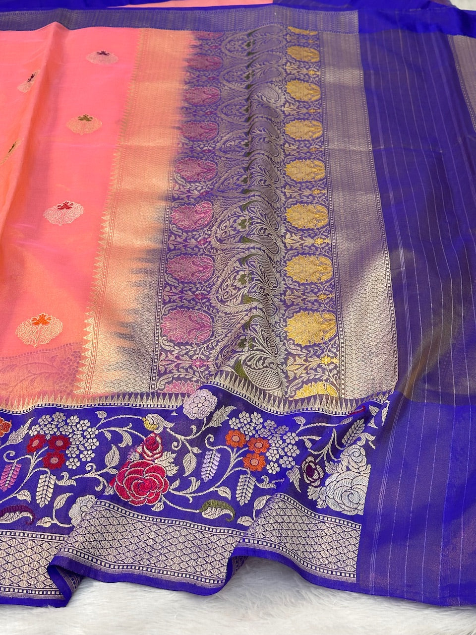 Peach Pink Pure Tissue Silk Handwoven Banarasi Saree