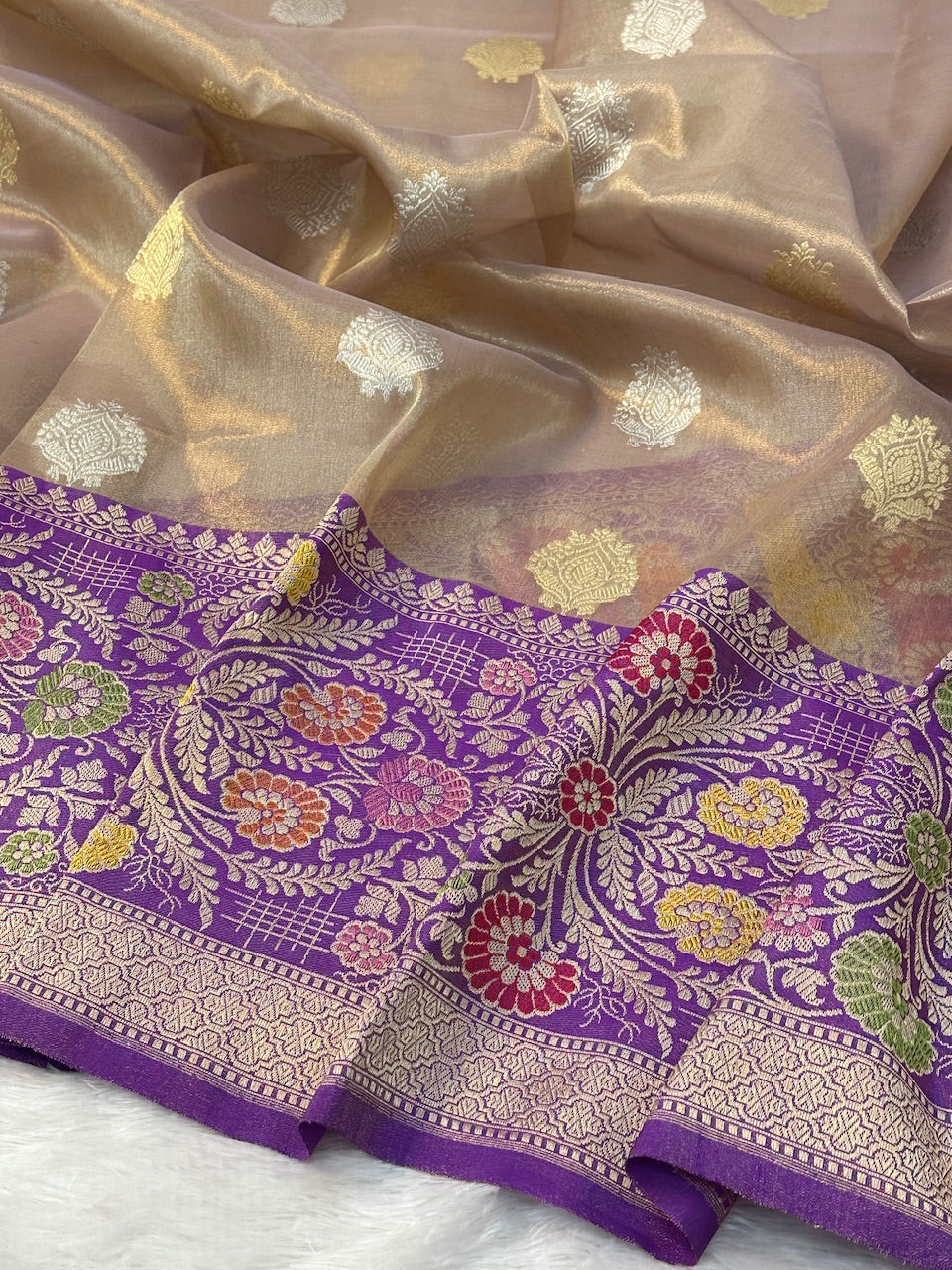 Beige color Pure Tissue Silk Handwoven Banarasi Saree