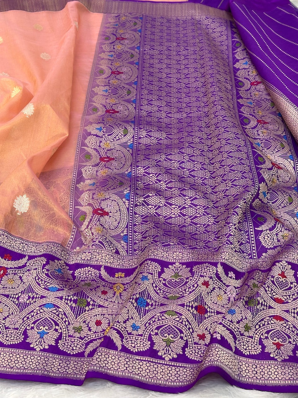 Peach Shade Handwoven Pure Tissue Silk Banarasi Saree