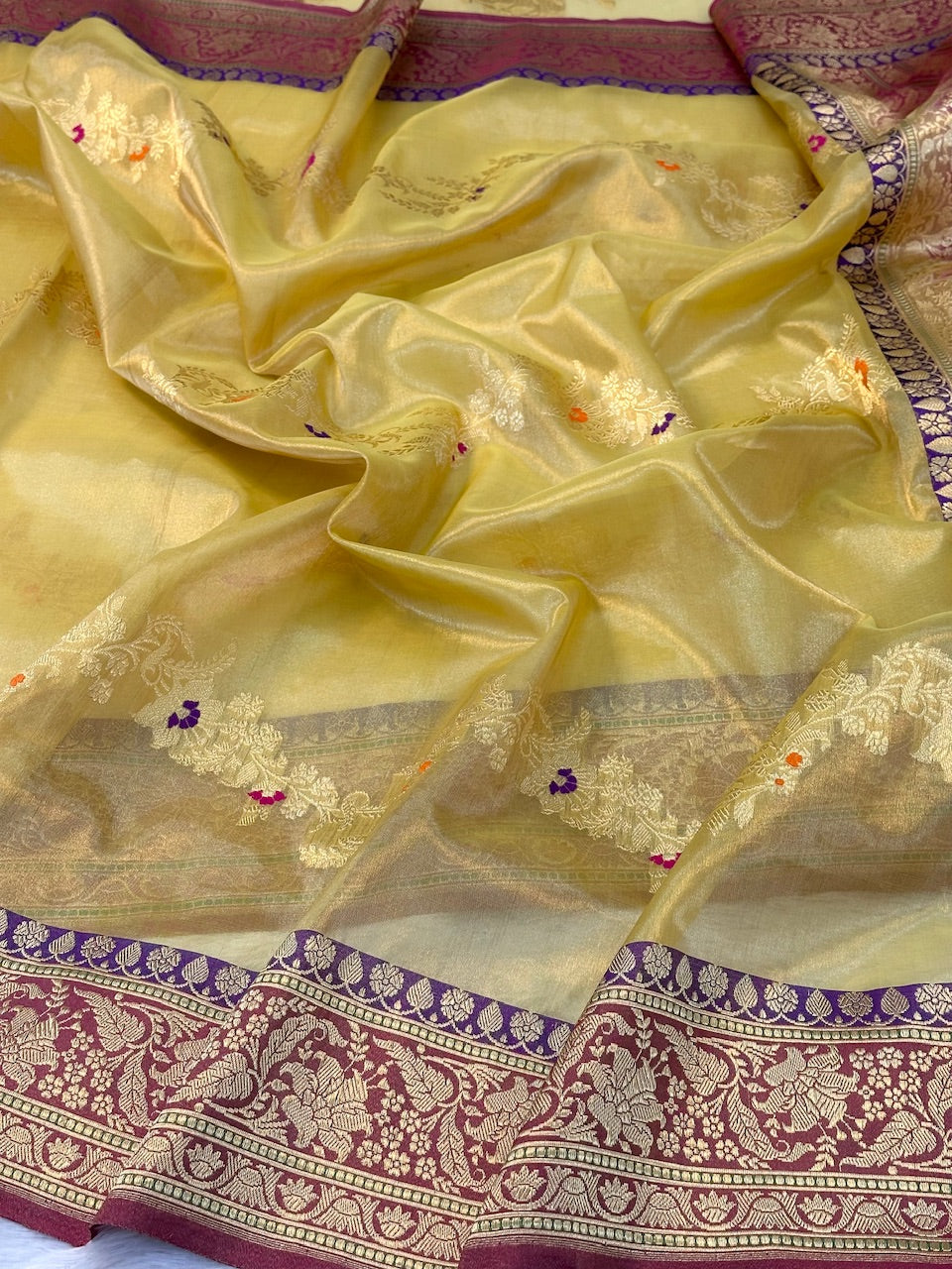 Gold color Handwoven Pure Organza Tissue Silk Banarasi Saree