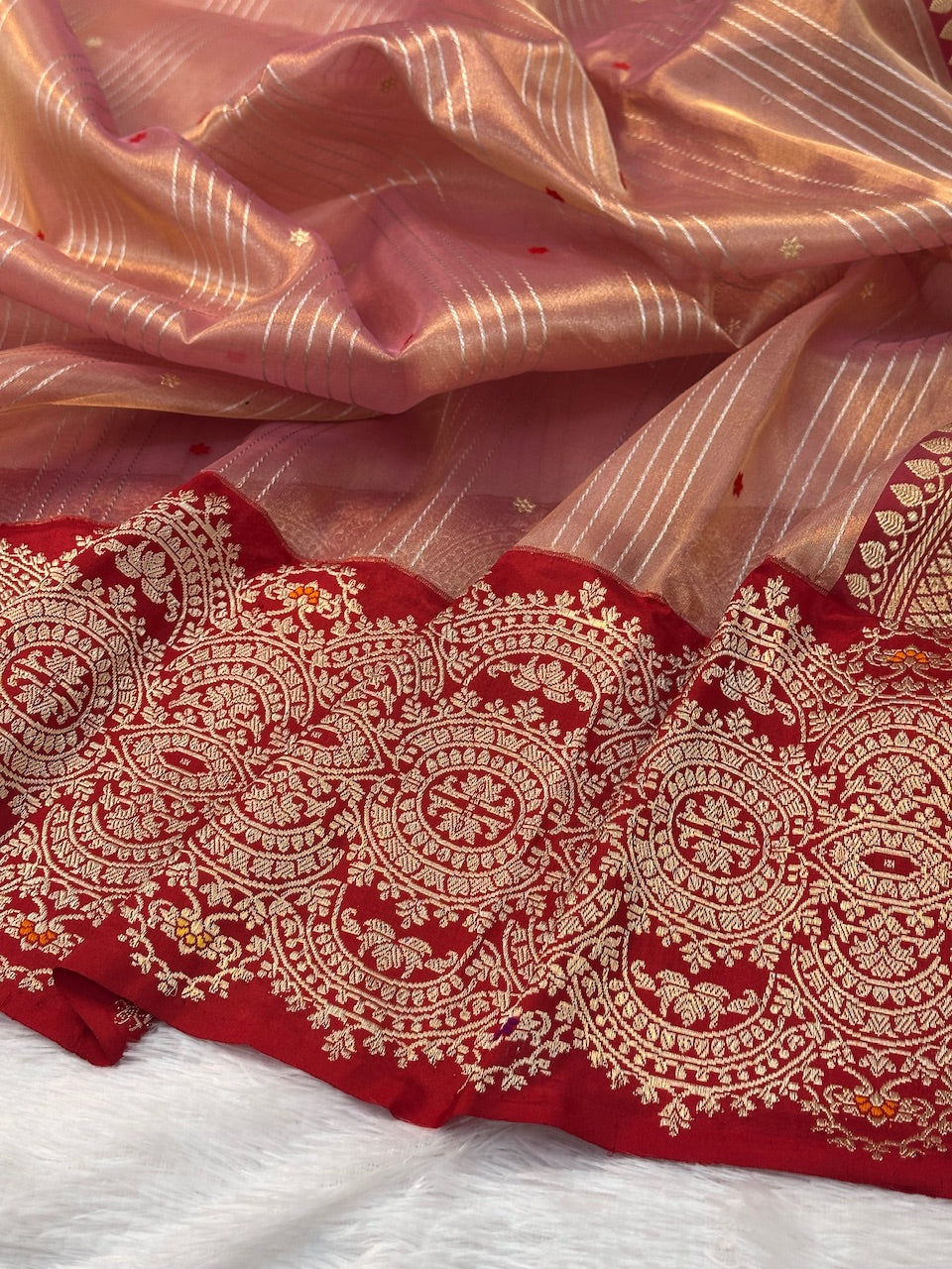 Beige Pink Handwoven Pure Organza Tissue Banarasi Saree