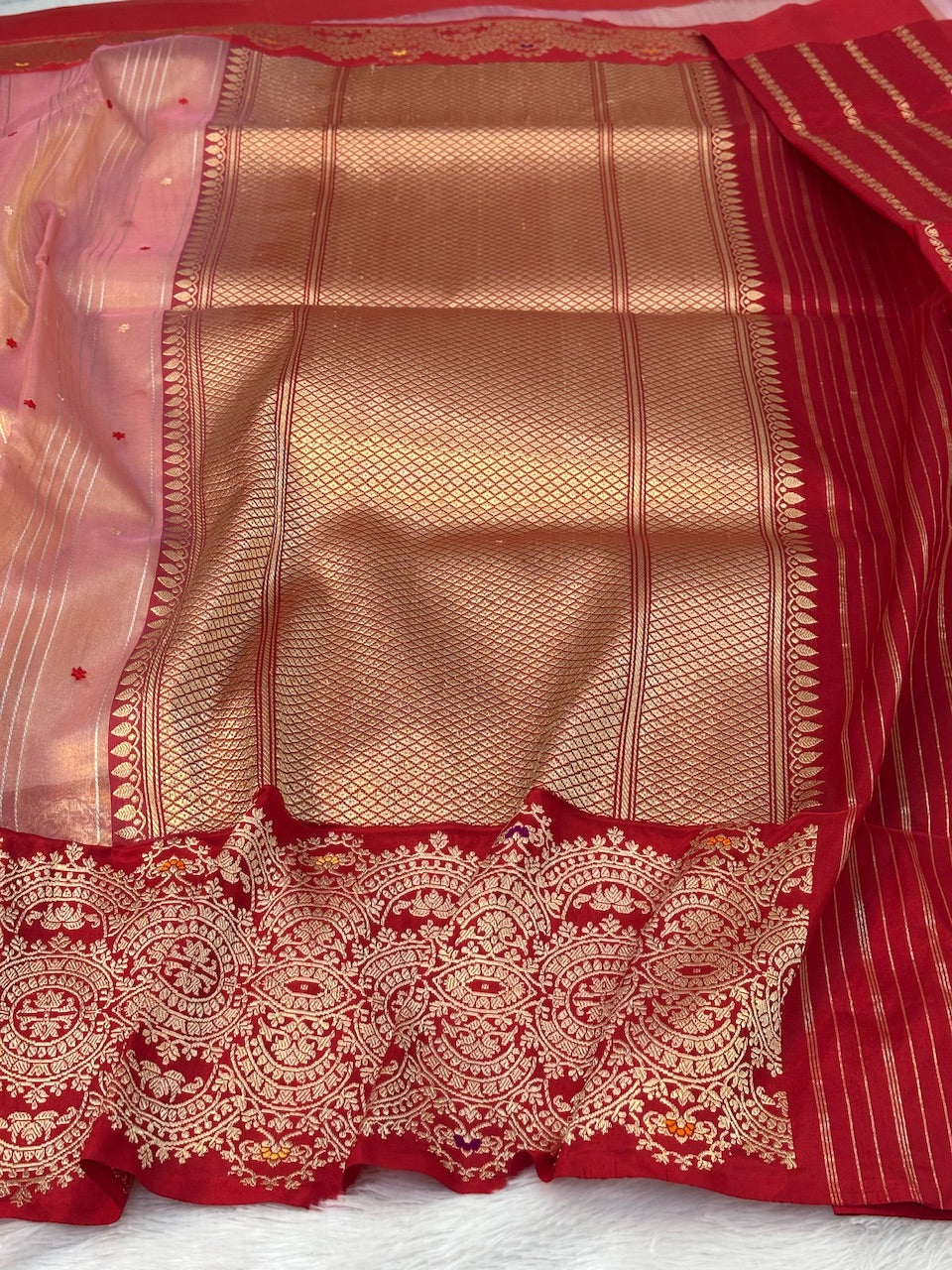 Beige Pink Handwoven Pure Organza Tissue Banarasi Saree