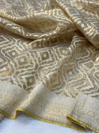 Dusty Yellow Pure Kora Tissue Silk Banarasi Saree