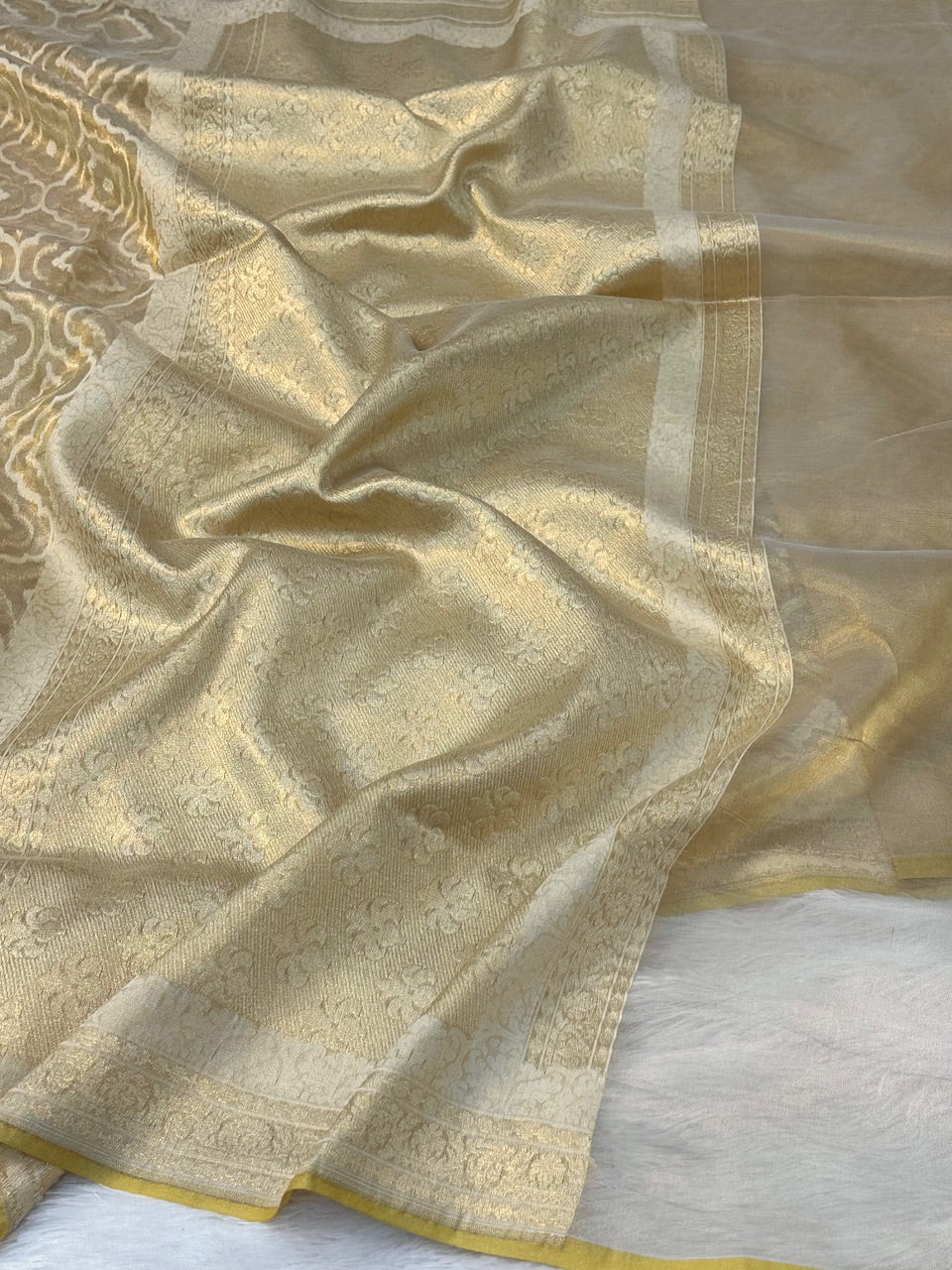 Dusty Yellow Pure Kora Tissue Silk Banarasi Saree