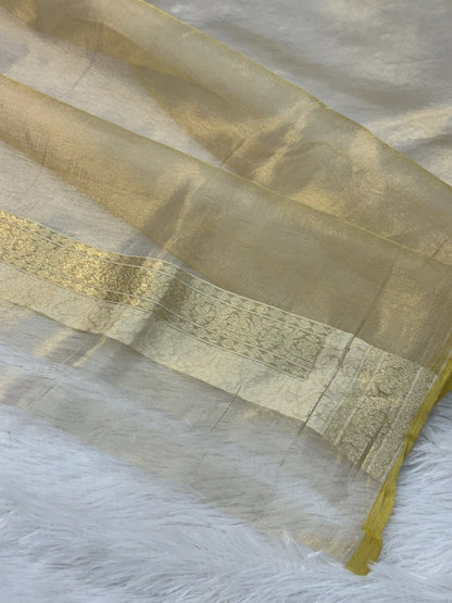 Dusty Yellow Pure Kora Tissue Silk Banarasi Saree