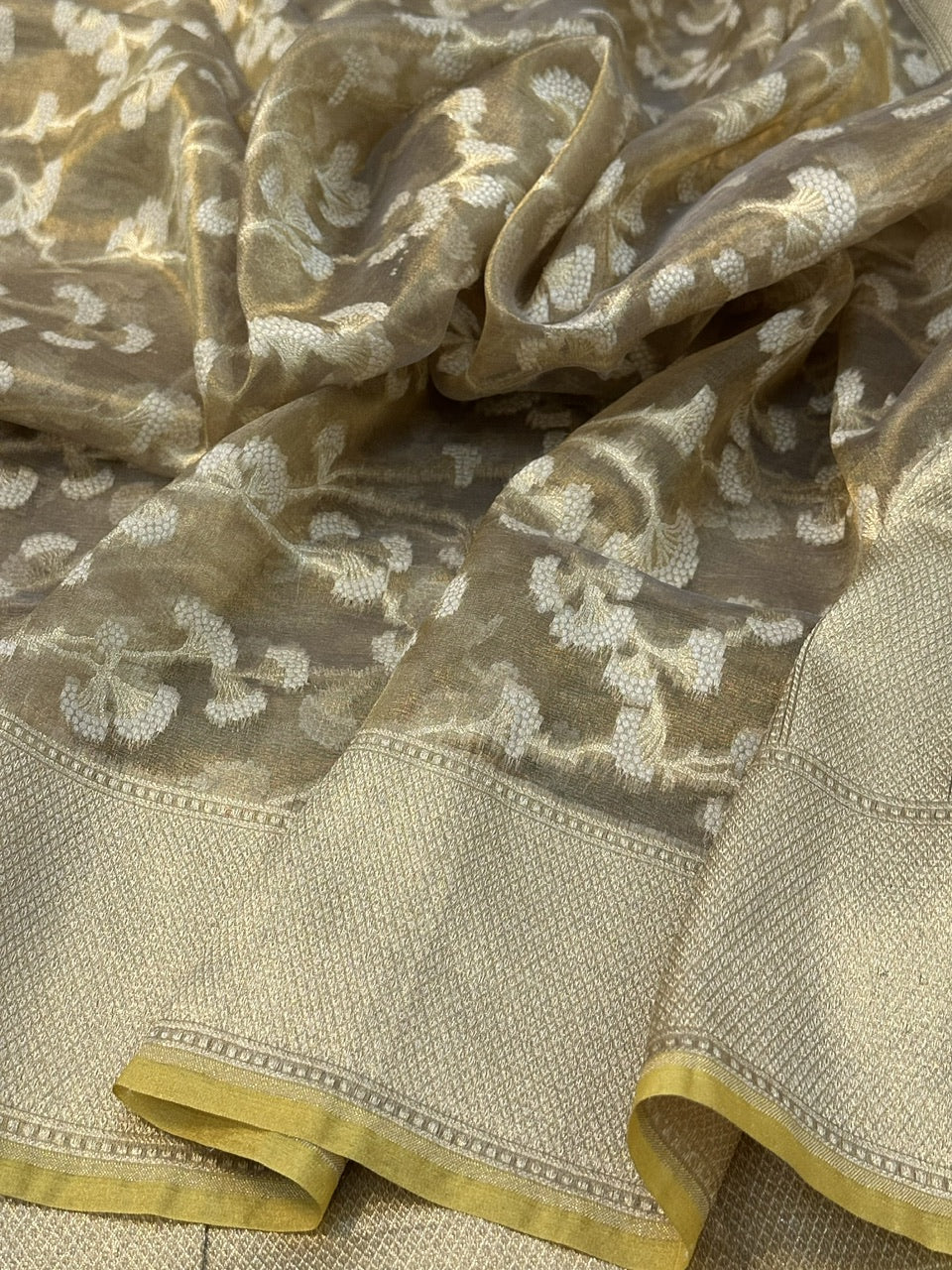 Tussar Grey Pure Kora Tissue Silk Banarasi Saree