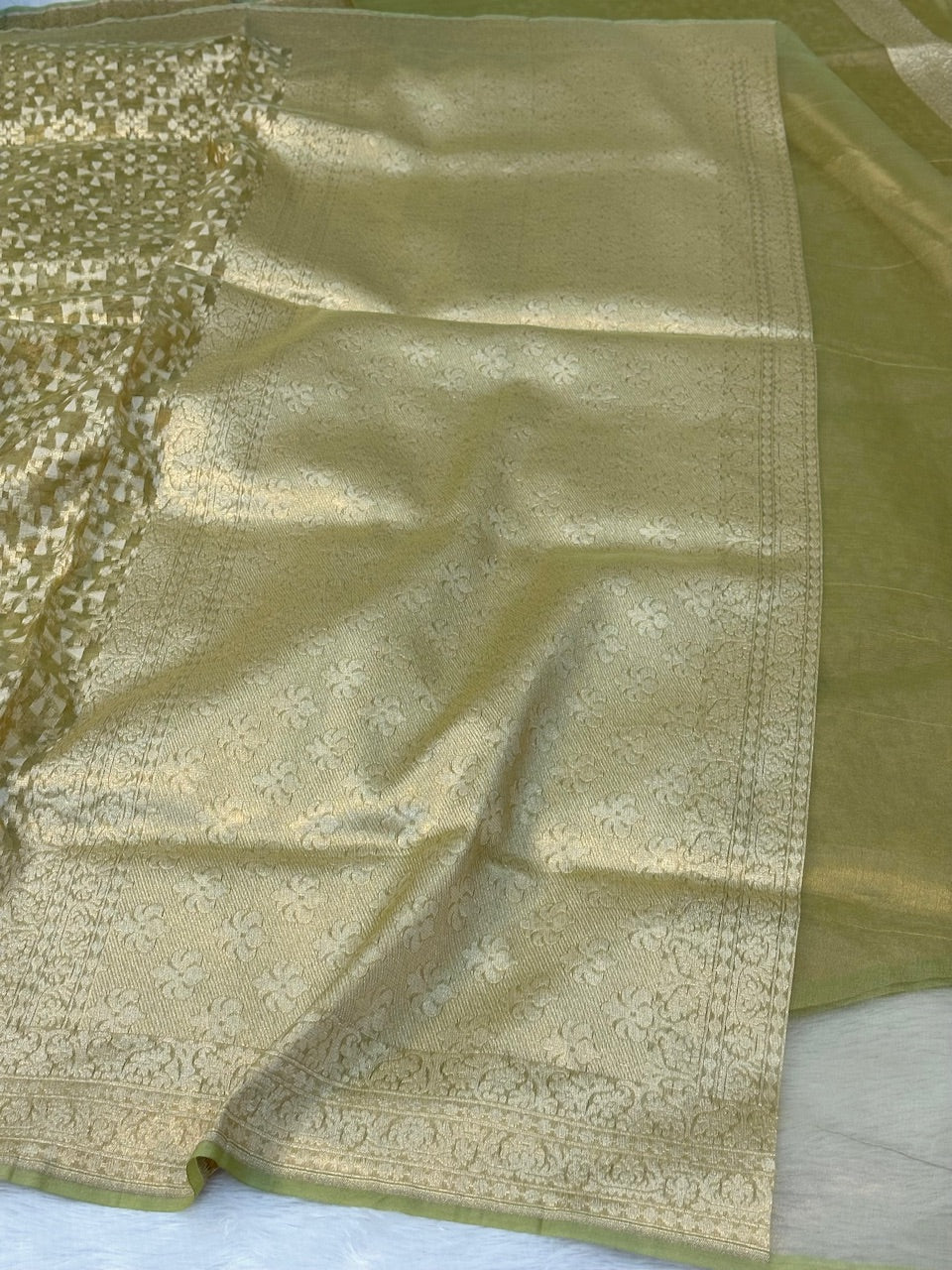 Dusty Olive Pure Kora Tissue Silk Banarasi Saree