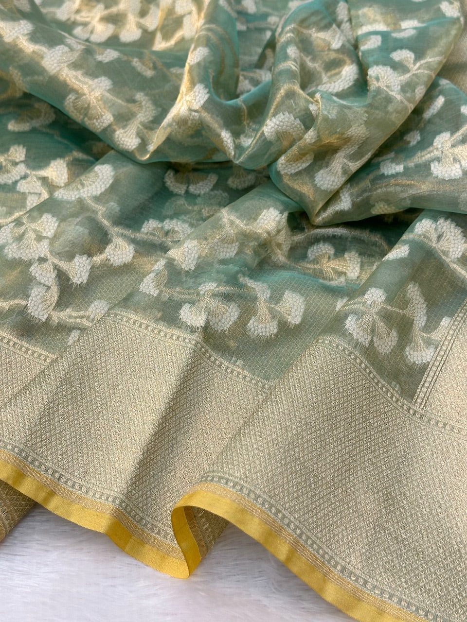 Metallic Sea Green Pure Kora Tissue Silk Banarasi Saree