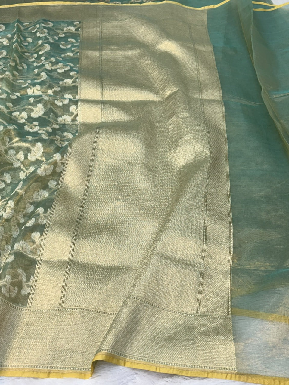Metallic Sea Green Pure Kora Tissue Silk Banarasi Saree