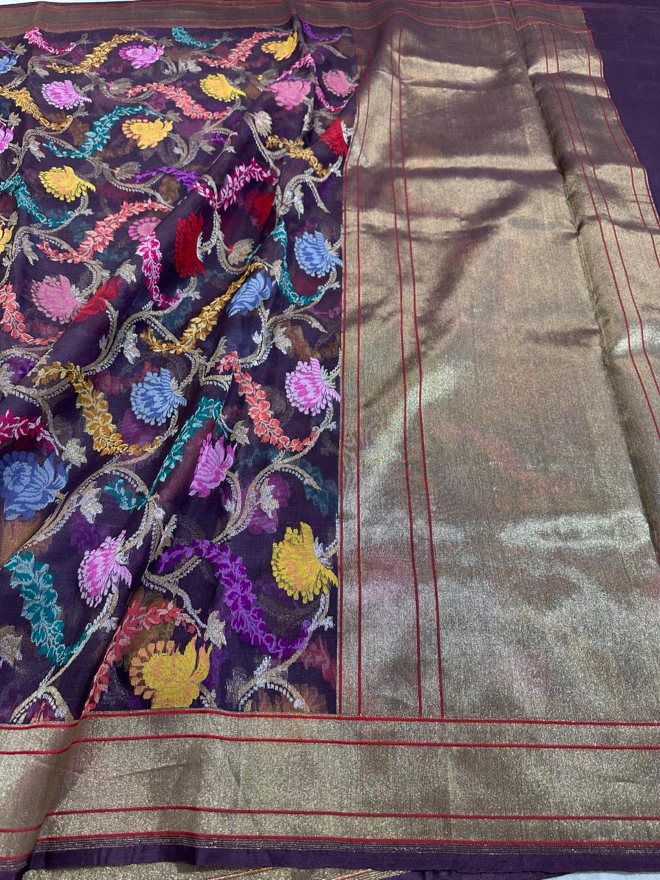 Magenta Purple Pure Organza Handwoven Banarasi Saree