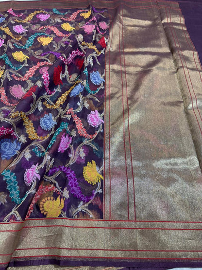 Magenta Purple Pure Organza Handwoven Banarasi Saree