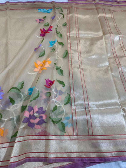 Cream Shade Pure Organza Silk Banarasi Saree