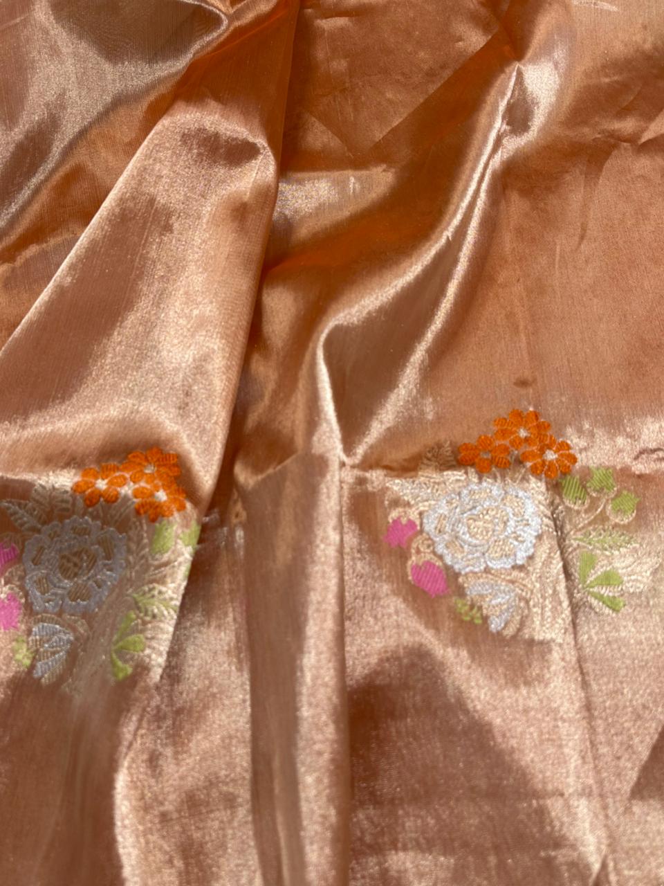 Peach Orange Pure Tissue Handwoven Banarasi Saree