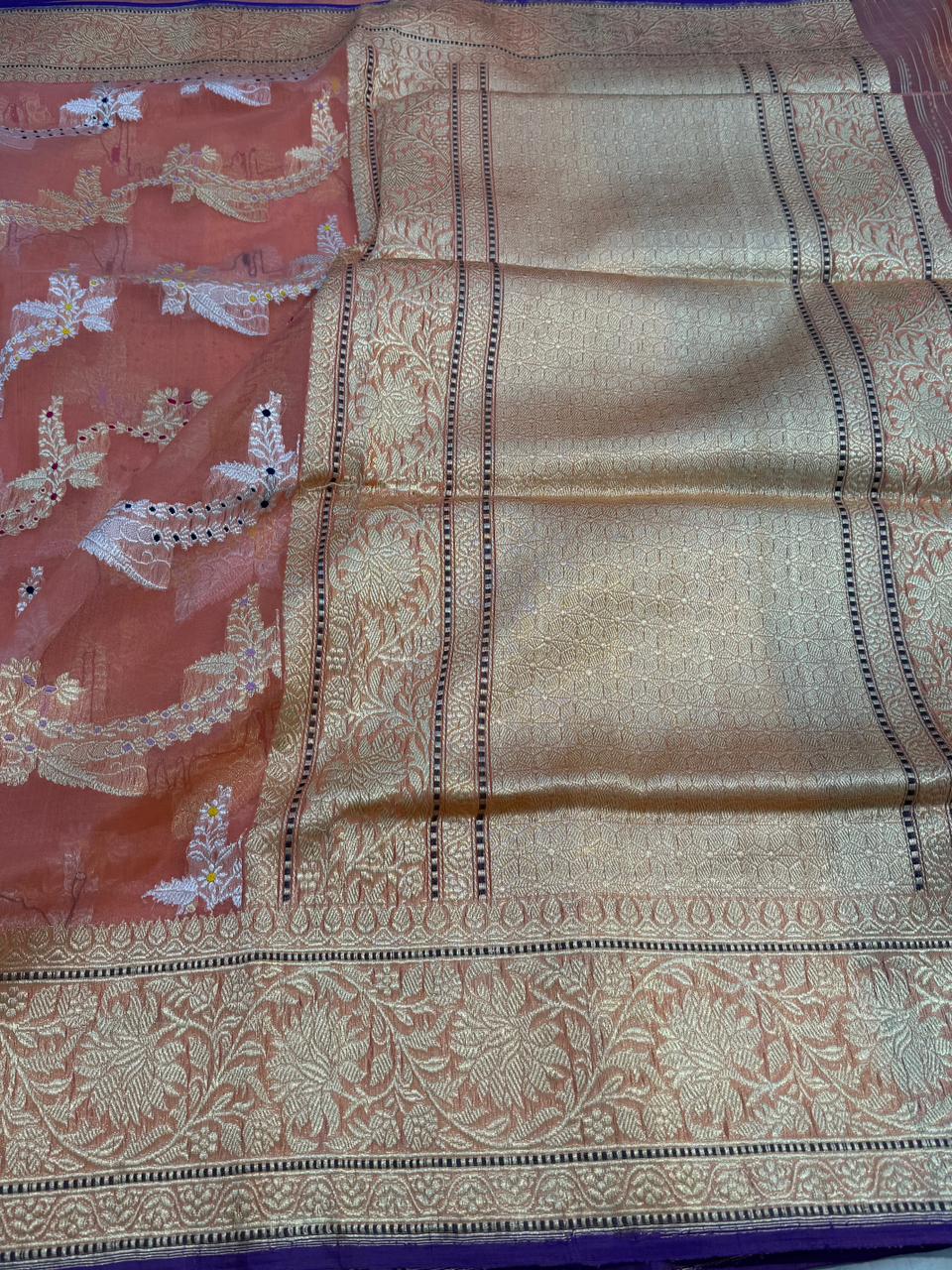Onion Pink Pure Kora (Organza) Silk Handwoven Banarasi Saree
