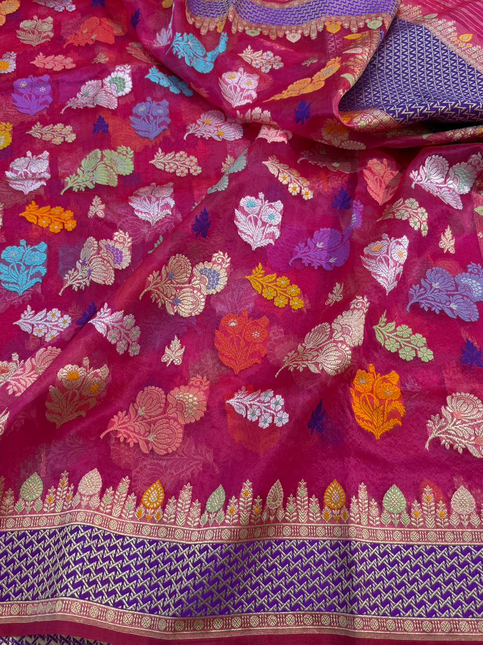 Hot Rani Pink Pure Kora (Organza) Silk Handwoven Banarasi Saree