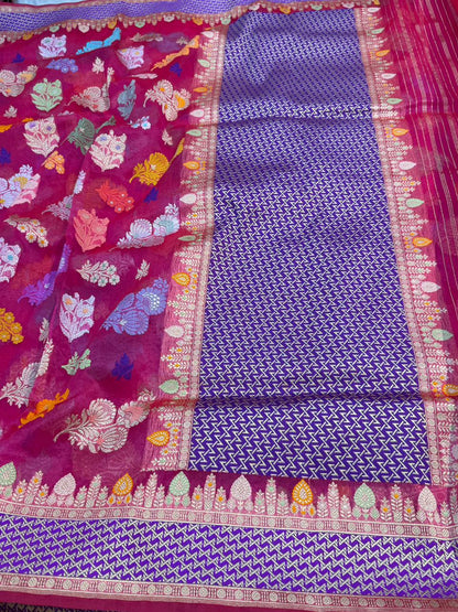 Hot Rani Pink Pure Kora (Organza) Silk Handwoven Banarasi Saree