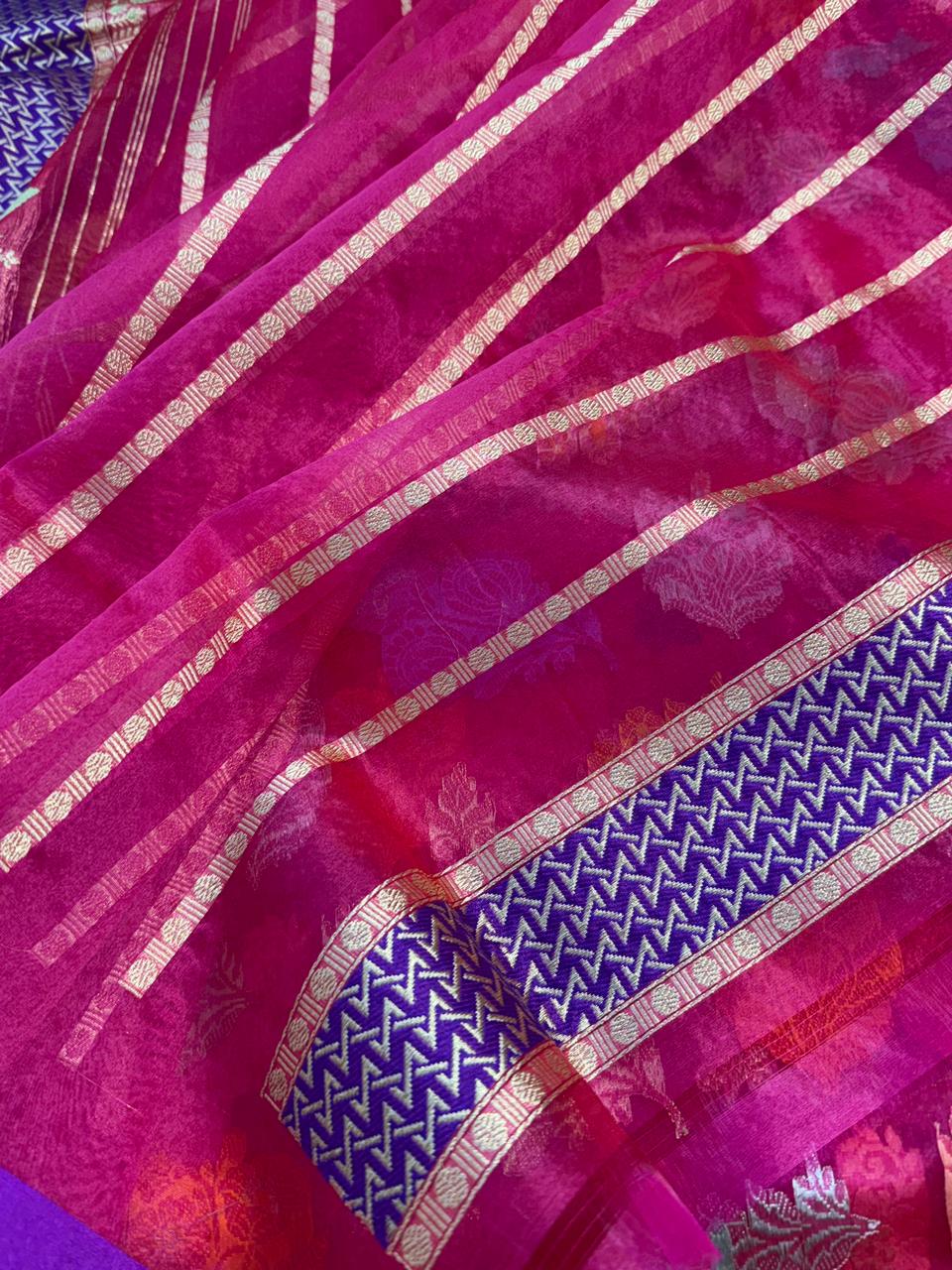 Hot Rani Pink Pure Kora (Organza) Silk Handwoven Banarasi Saree