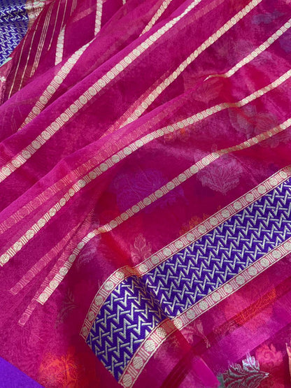 Hot Rani Pink Pure Kora (Organza) Silk Handwoven Banarasi Saree
