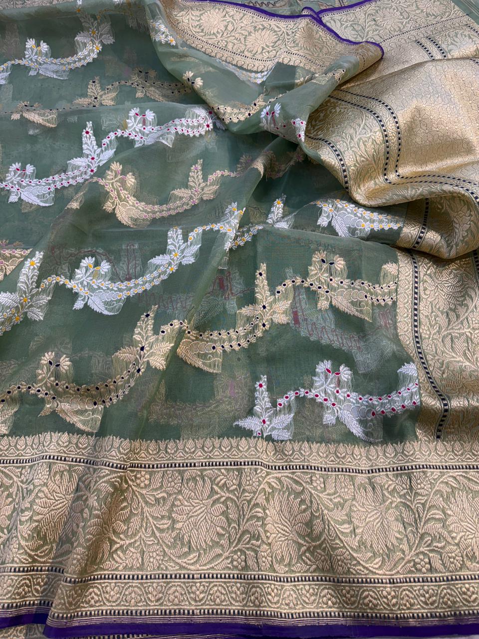 Green Shade Pure Kora (Organza) Handwoven Banarasi Saree