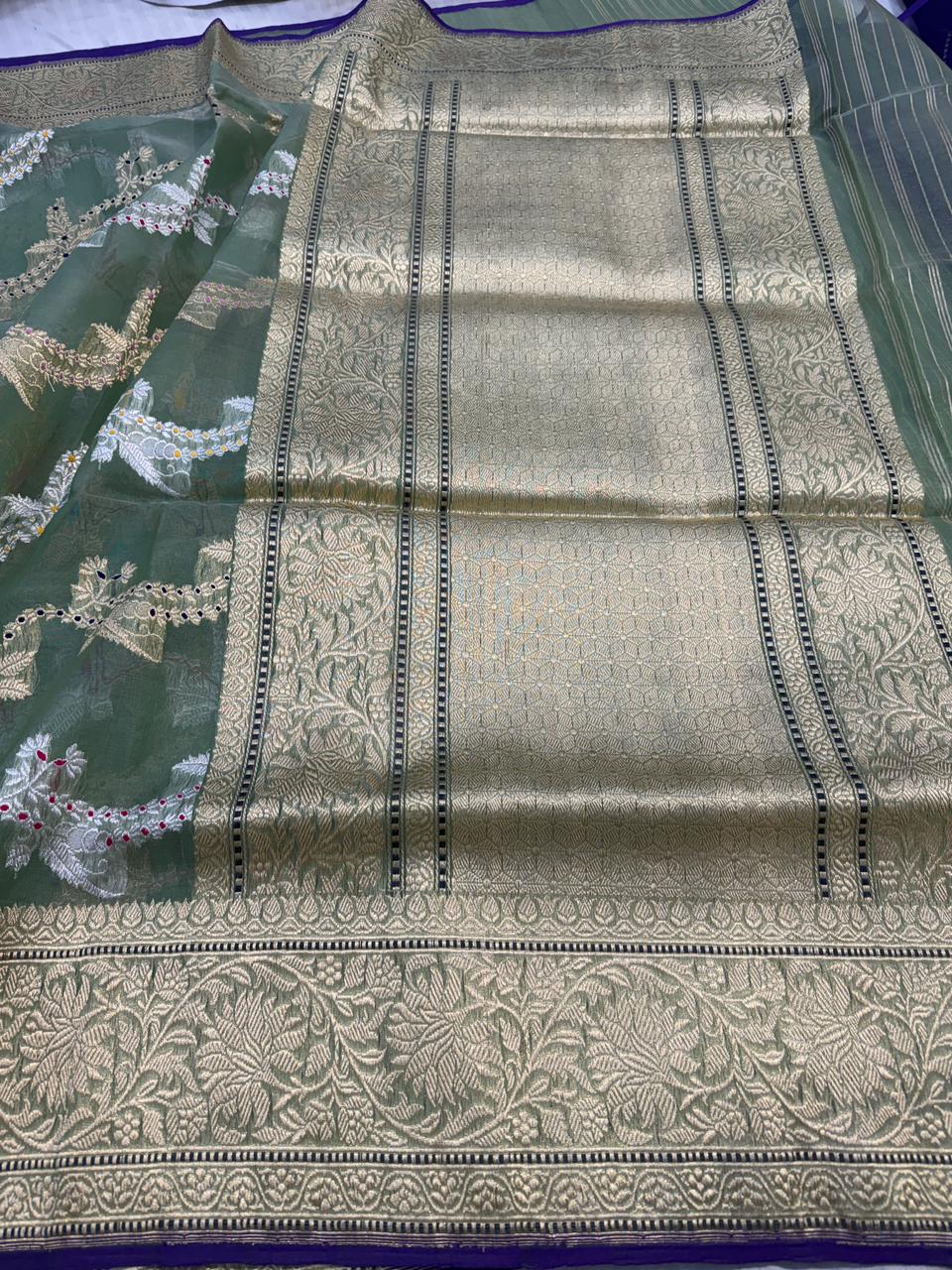 Green Shade Pure Kora (Organza) Handwoven Banarasi Saree
