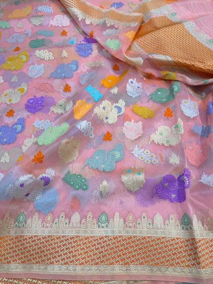 Light Pink Pure Kora (Organza) Silk Handwoven Banarasi Saree