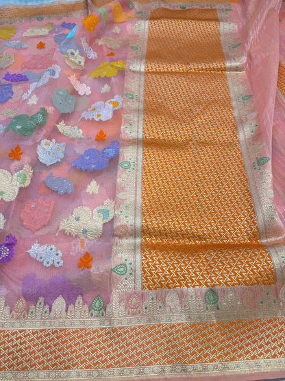 Light Pink Pure Kora (Organza) Silk Handwoven Banarasi Saree