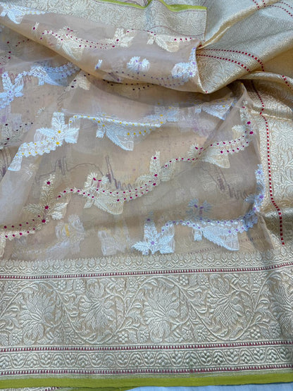 Beige Shade Pure Kora (Organza) silk Handwoven Banarasi Saree