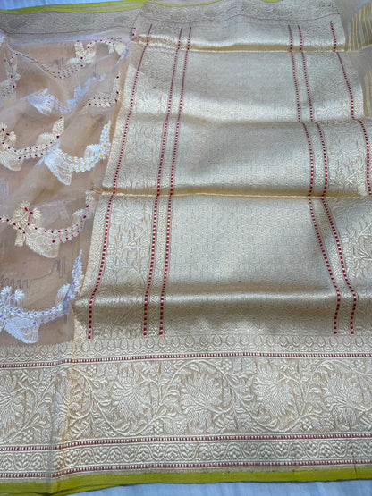 Beige Shade Pure Kora (Organza) silk Handwoven Banarasi Saree