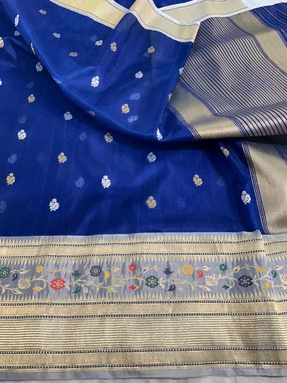 Royal Blue Pure Kora (Organza) Silk Handwoven Banarasi Saree
