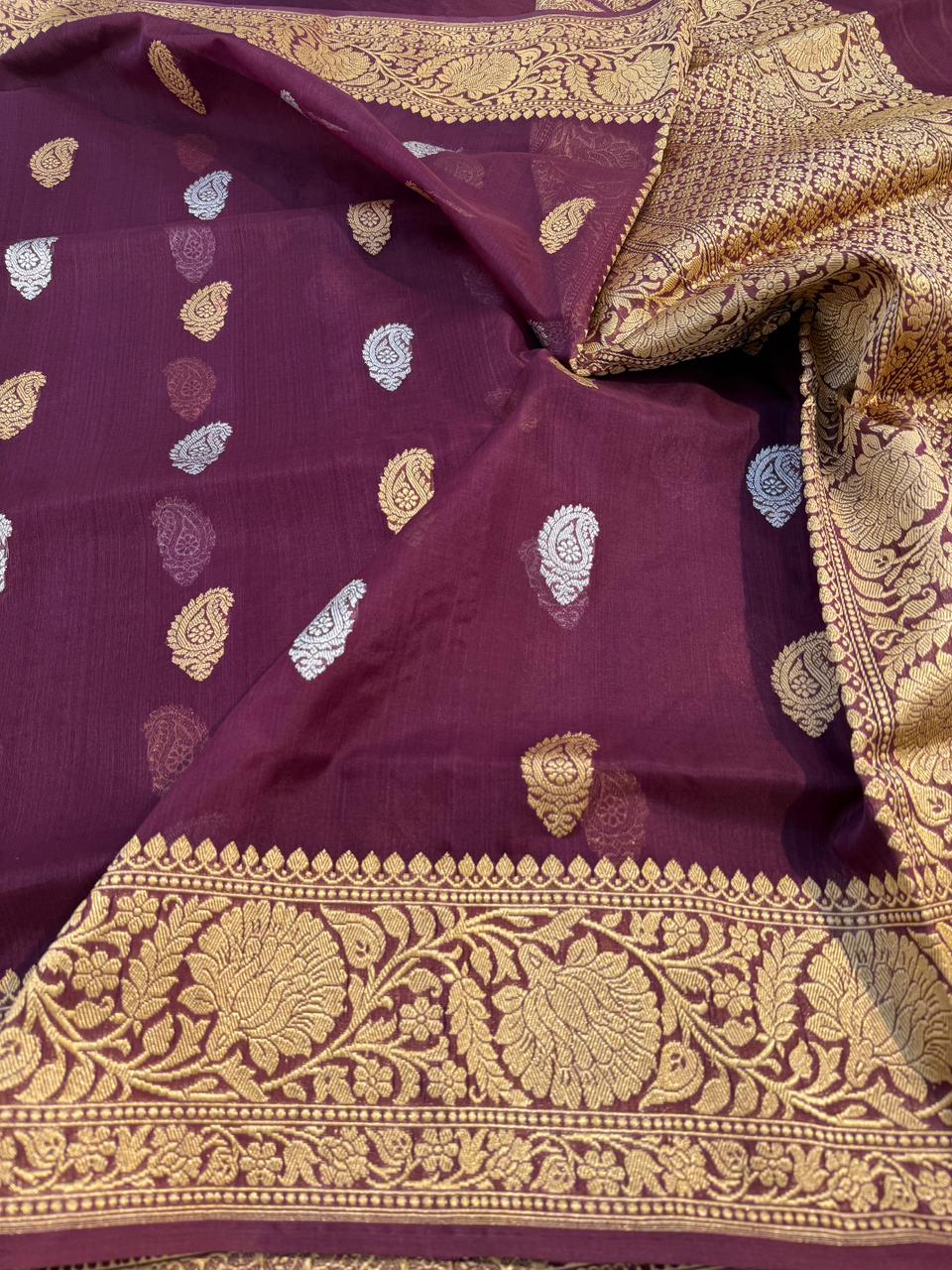 Wine Shade Pure Kora (Organza) Silk Handwoven Banarasi Saree