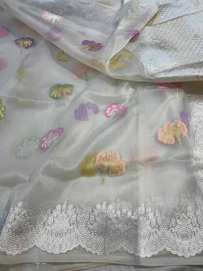 Sky Grey Pure Kora (Organza) Silk Handwoven Banarasi Saree