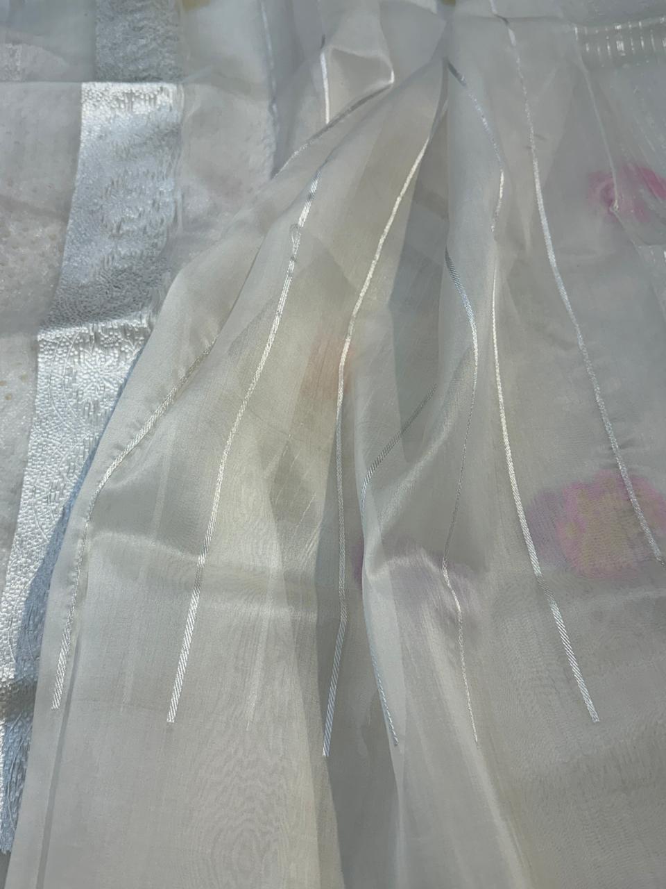 Sky Grey Pure Kora (Organza) Silk Handwoven Banarasi Saree