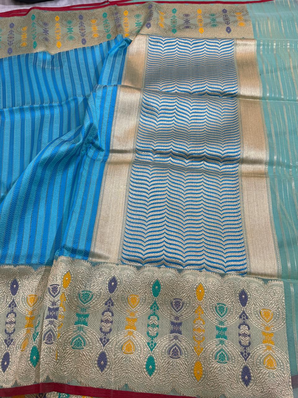 Sky Blue Pure Kora (organza) Silk Handwoven Banarasi Saree
