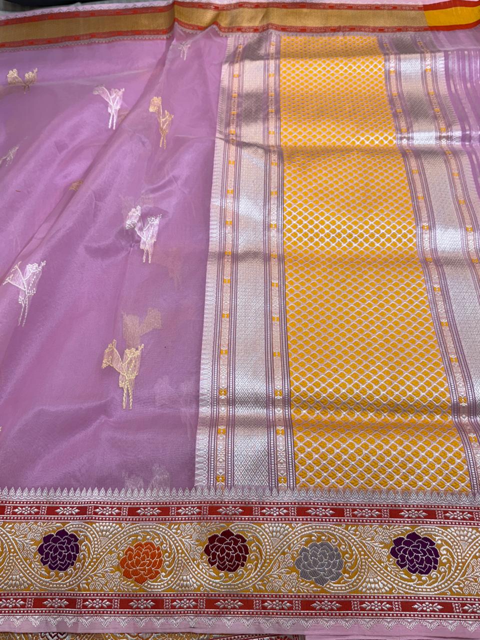 Lilac Shade Pure Organza Silk Handwoven Banarasi Saree