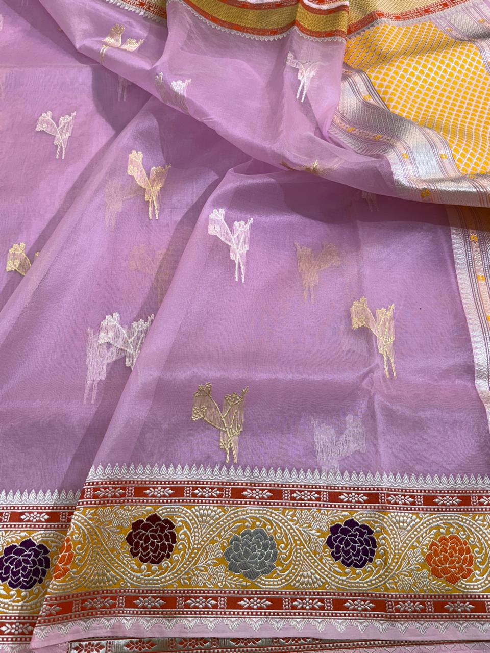 Lilac Shade Pure Organza Silk Handwoven Banarasi Saree