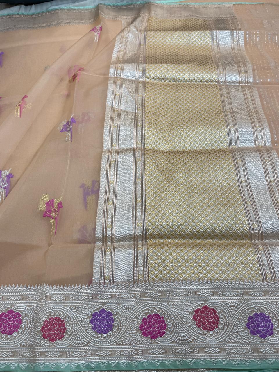 Beige Shade Pure Organza Silk Handwoven Banarasi Saree