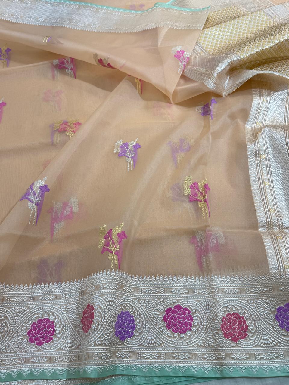 Beige Shade Pure Organza Silk Handwoven Banarasi Saree
