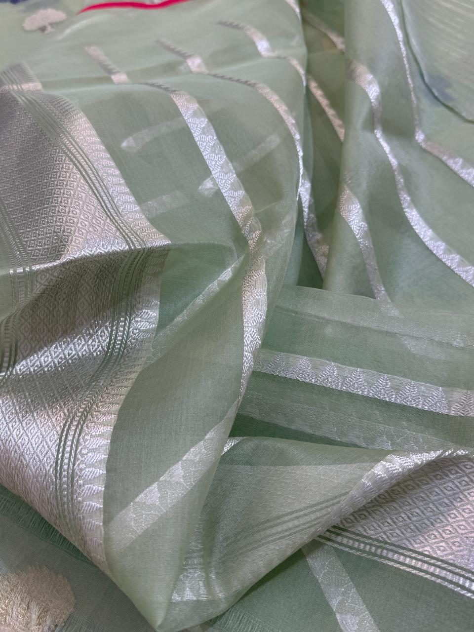 Olive Green Pure Organza Silk Handwoven Banarasi Saree