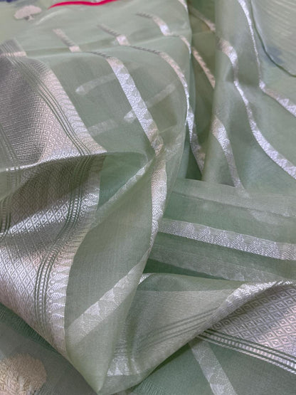 Olive Green Pure Organza Silk Handwoven Banarasi Saree