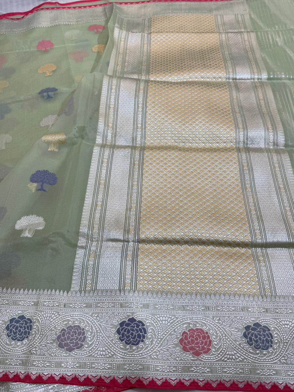 Olive Green Pure Organza Silk Handwoven Banarasi Saree