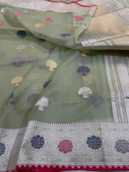 Olive Green Pure Organza Silk Handwoven Banarasi Saree
